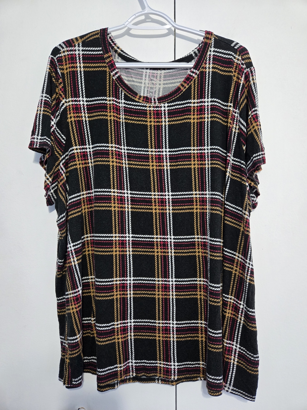 Maurices 24/7 Womens 3X Plaid Tunic Top Black Pink Mustard Stretch